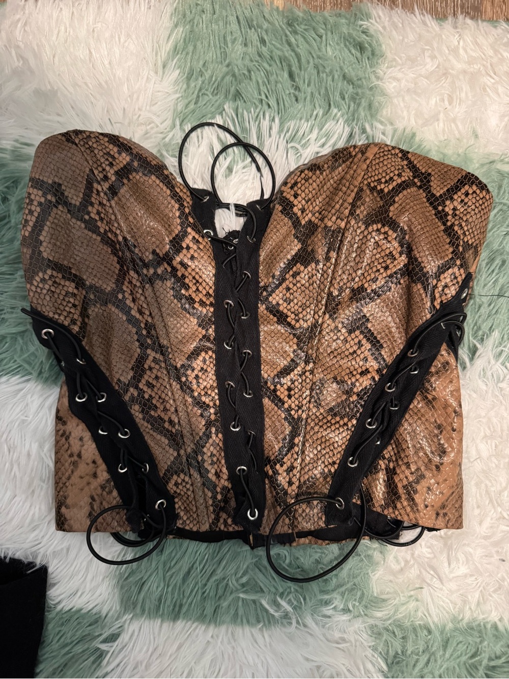 Snake-Print Lace-Up Bustier Crop Top in Brown